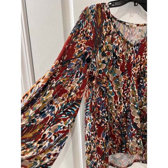 Beeson River Mixed Print Ted Green Long Balloon Sleeve V Neck Top Women Size M - Picture 4 of 6